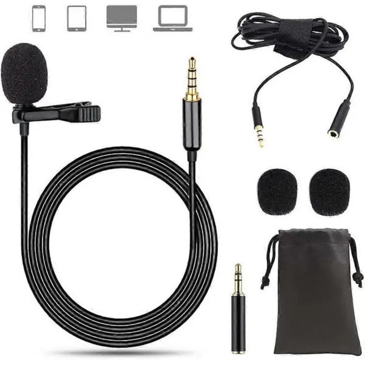 Microfon lavalier 31CJ-K0274-260904-2924, cu condensator omnidirectional, jack 3.5 mm (CTIA), cablu 2 m, negru, adaptor universal si 3 spume antivant