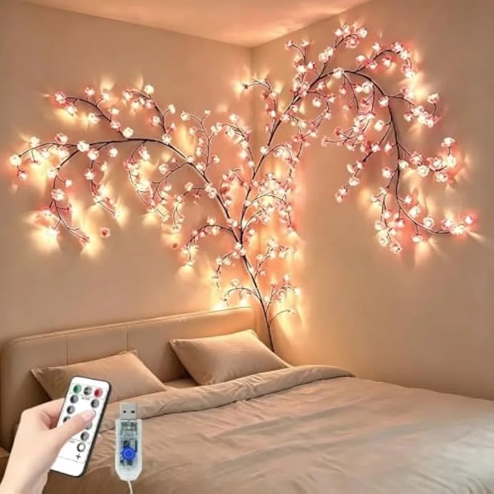 Cseresznyevirág alakú fényfüzér, 2,3 m, 144 LED, virág alakú karácsonyfa fényfüzér, távirányítóval, 8 világítási mód, időzítő, USB-ről táplált dekoratív virágfények hálószoba és szoba faldekorációjához