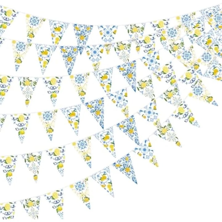 kék citrom parti bannerek csomagja, Capri Lemon banner, zászlófüzér, előre feltekerve, nyári limonádé háromszög zászlóval, girland esküvőre, születésnapra, leánybúcsúra és születésnapi partira