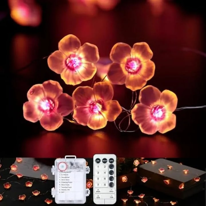 buc. Cseresznyevirág alakú fényfüzér, 4,3 m, 40 LED, USB-csatlakozással és elemekkel, távirányítóval, 8 üzemmóddal és időzítővel, ideális japán dekorációhoz hálószobába, esküvőre, partira - meleg fehér