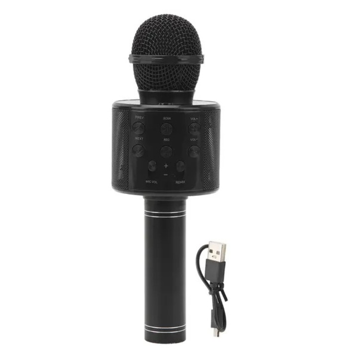 Microfon karaoke wireless 31CJ-K0274-260904-3541, cu difuzor Bluetooth incorporat, 3W, baterie 18650 800mAh, microSD pana la 8GB, incarcare USB, negru