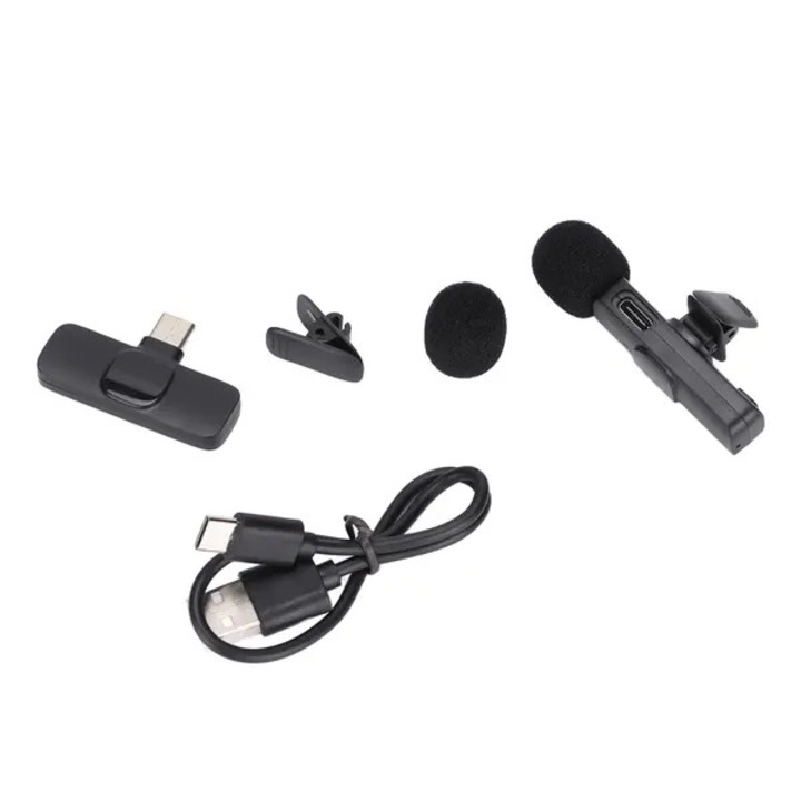 Microfon lavalier wireless 2.4GHz 31CJ-K0274-260904-2582, kit transmitter + receptor, Type-C/AUX 3.5mm, omnidirectional, raza 20 m, autonomie 4–6 h, negru