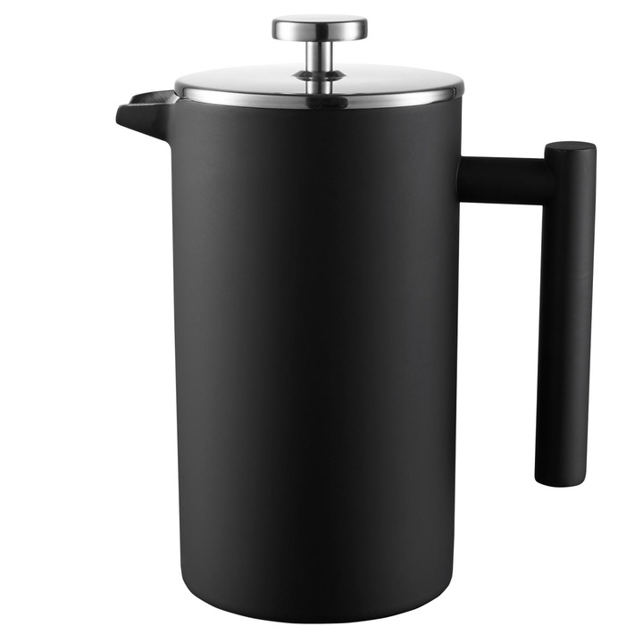 French press Duka Barista DK_1217336, izolat termic dublu perete cu pistona‑sit, capac inox, negru mat, 1 l (1000 ml)