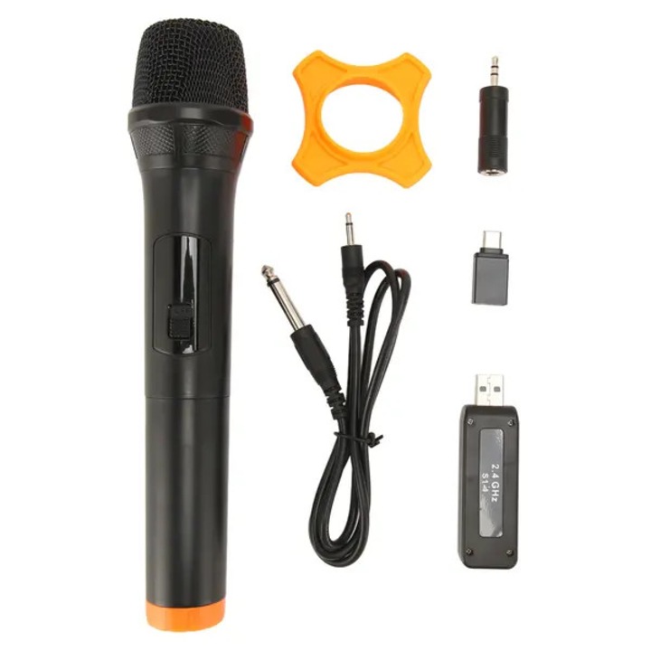 Microfon wireless 2.4G model 31CJ-K0274-260904-3948, transductor dinamic (moving coil), receptor USB plug-and-play, compatibil 6.35mm/3.5mm, alimentare 2x AA, raza pana la 20 m, negru/portocaliu