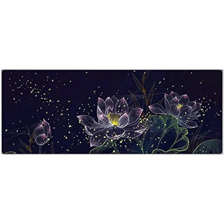 Mouse pad mare pentru birou, 800 x 300 x 3 mm, baza antiderapanta din cauciuc cu margini cusute, covoras de birou pentru gaming, suprafata neteda (Lotus)