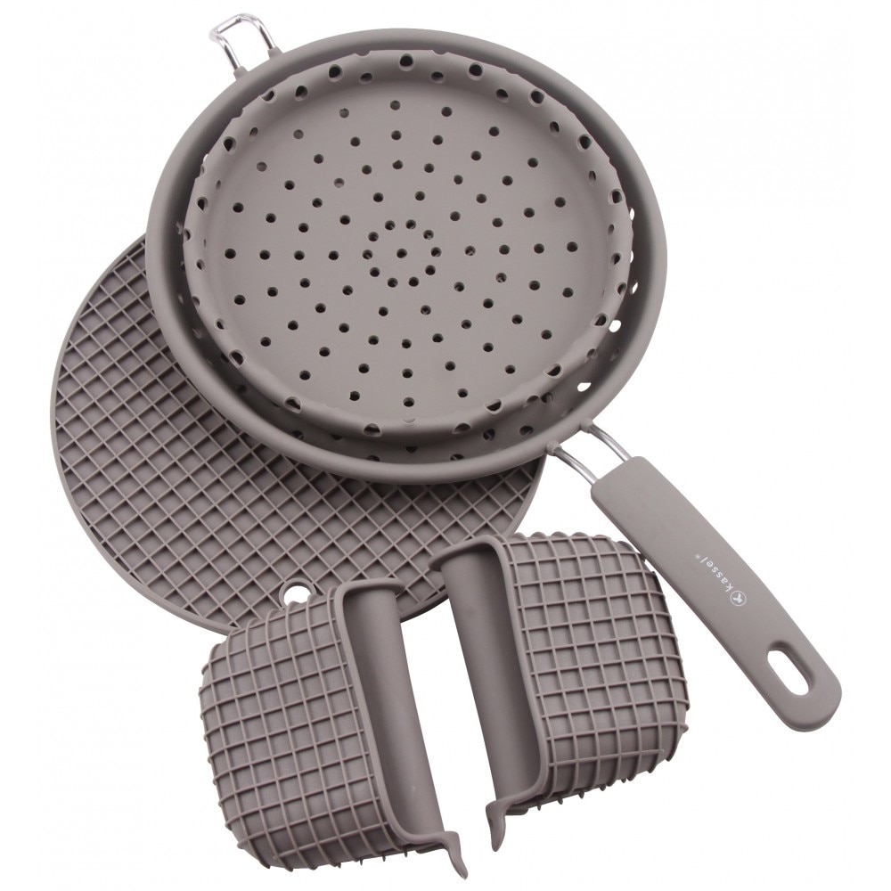 Set ustensile din silicon pentru bucatarie Kassel, strecuratoare pliabila, suport vase, set manusi