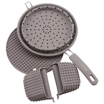 Set ustensile din silicon pentru bucatarie Kassel, strecuratoare pliabila, suport vase, set manusi Set ustensile din silicon pentru bucatarie Kassel, strecuratoare pliabila, suport vase, set manusi