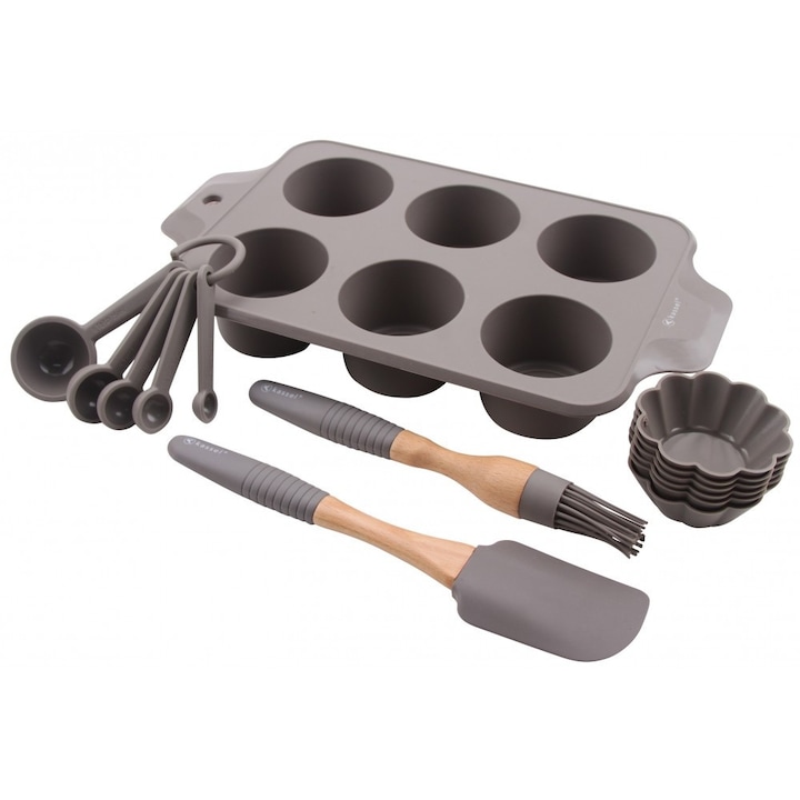 Set ustensile din silicon pentru briose Kassel, tava 6 cupe, forme briose 6 bucati, pensula, spatula, set masuratori