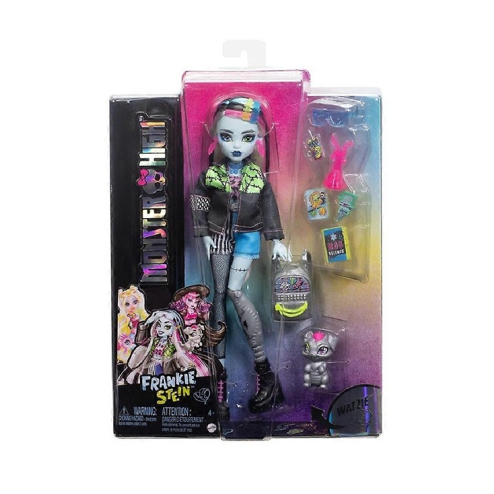 Papusa Monster High Frankie Stein cu accesorii si animal de companie, multicolor
