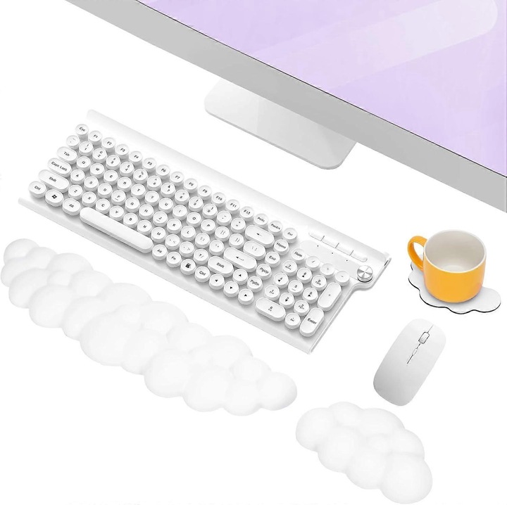 Set 3 in 1 suport ergonomic pentru incheieturi tastatura si mouse + coaster, kp-k0548-260904-12075, spuma memory cu suprafata PU, baza antiderapanta, alb