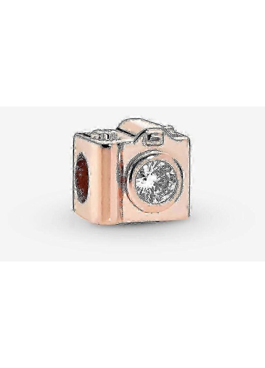 Charm margea din argint 925 in forma de camera, placat cu aur roz, cu zircon, compatibil cu bratari tip Pandora, orificiu 4.5 mm
