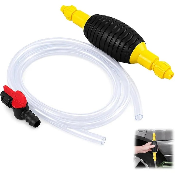 Pompa manuala sifon K0584-KP-260904-026 pentru benzina, motorina si apa, furtun PVC transparent 2 m, debit pana la 10 l/min, supapa anti-retur si regulator flux, multicolor