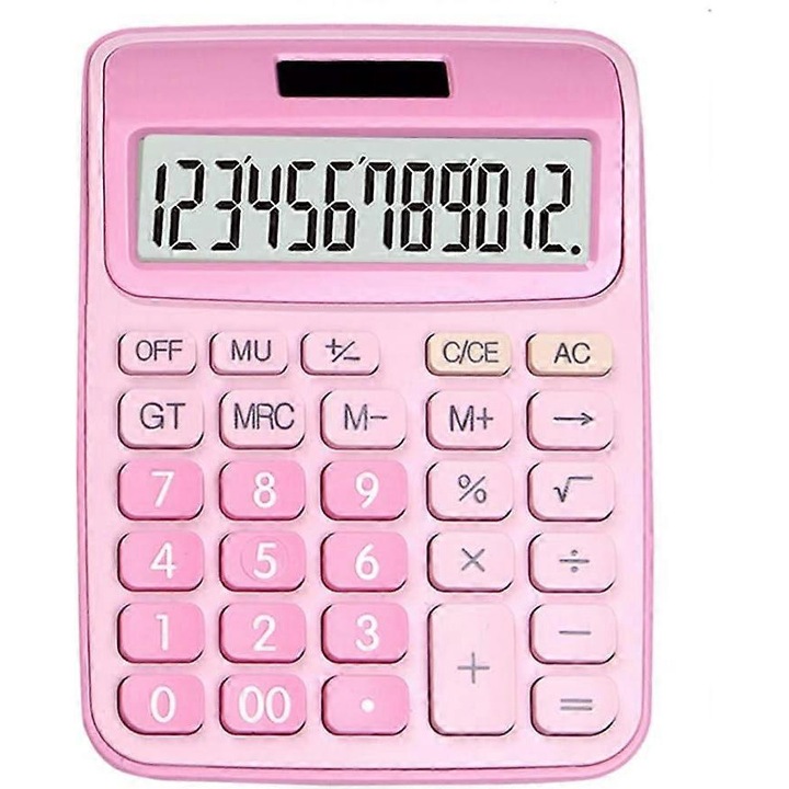 Настолен калкулатор kp-k0548-260904-987, 12 цифри, двойно захранване соларно/батерия, голям наклонен LCD дисплей, големи бутони, розов