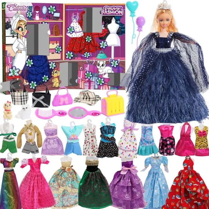 Calendar de Advent cu papusa Barbie ISINI-CJ-K0497-260905-296, 24 surprize: rochii si accesorii, Multicolor