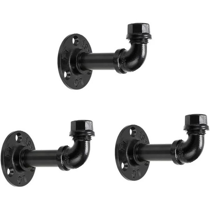 Set de 3 carlige de perete din fier, model ROSA-CJk0515-26-0905-111, stil vintage industrial, vopsit negru, cu flanse de montare