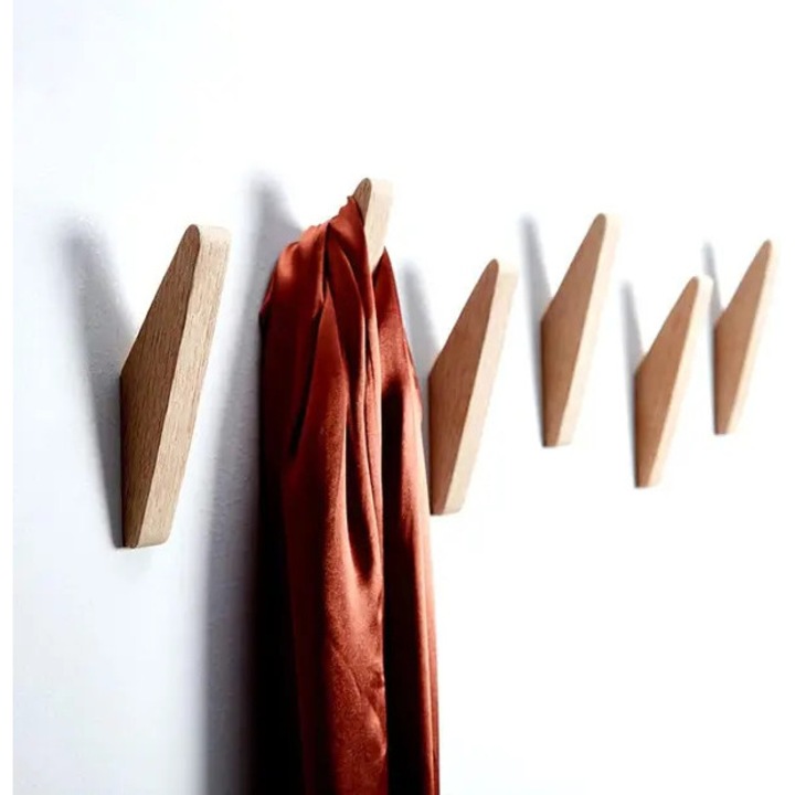 Cuier de perete din lemn de stejar, set 6 carlige minimaliste, masiv, stejar natural, 14,2 x 4,4 x 2,1 cm, fiecare carlig suporta pana la 5 kg, ROSA-CJk0515-26-0905-586