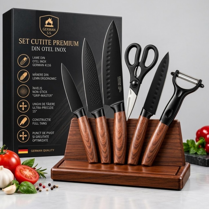 Set 6 Cutite Profesionale de Bucatarie Infiniteea™, Otel Inox Premium, Lama Antiaderenta Texturata, Maner Ergonomic Aspect Lemn, Inclusiv Satar, Cutit Chef, Universal, Feliat, Curatator Ceramic si Foarfeca Multifunctionala, Negru/Maro