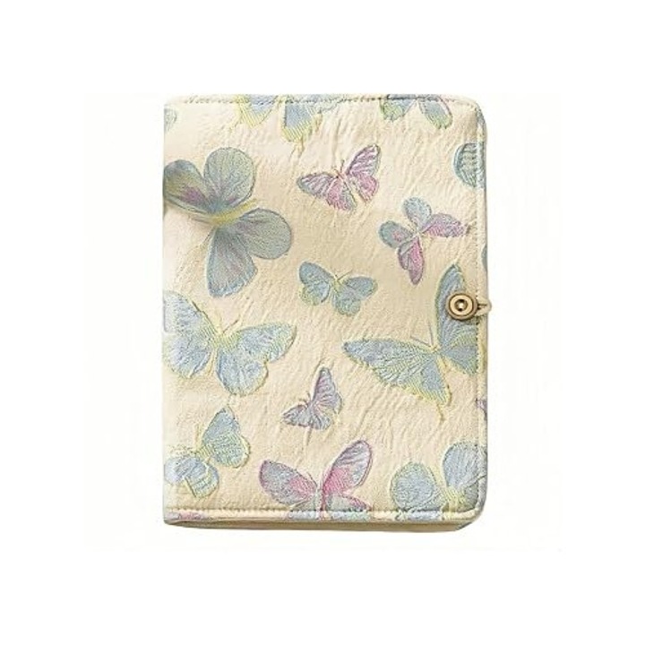 Coperta pentru agenda A5 KPK0586-260905-009, broderie florala cu fluturi, sistem 6 inele refolosibil, inchidere cu nasture, buzunare interioare cu fermoar, crem, 9 x 6.5 in