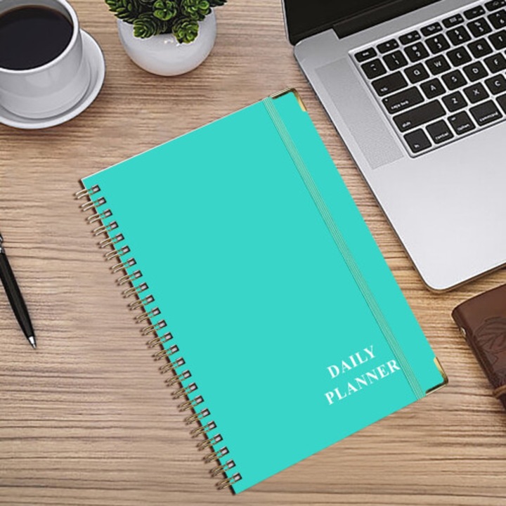 Agenda zilnica orara 12 luni A5, spirala, curea elastica, colturi metalice, turcoaz, model OB-k0509--260905-257