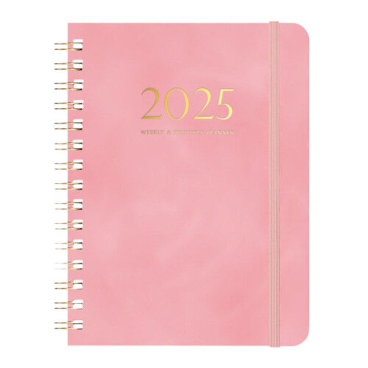 Agenda 2025 planner saptamanal si lunar OB-k0509--260905-1804, coperta din piele moale 140 GSM, A5, spirala metalica, elastic de prindere, roz