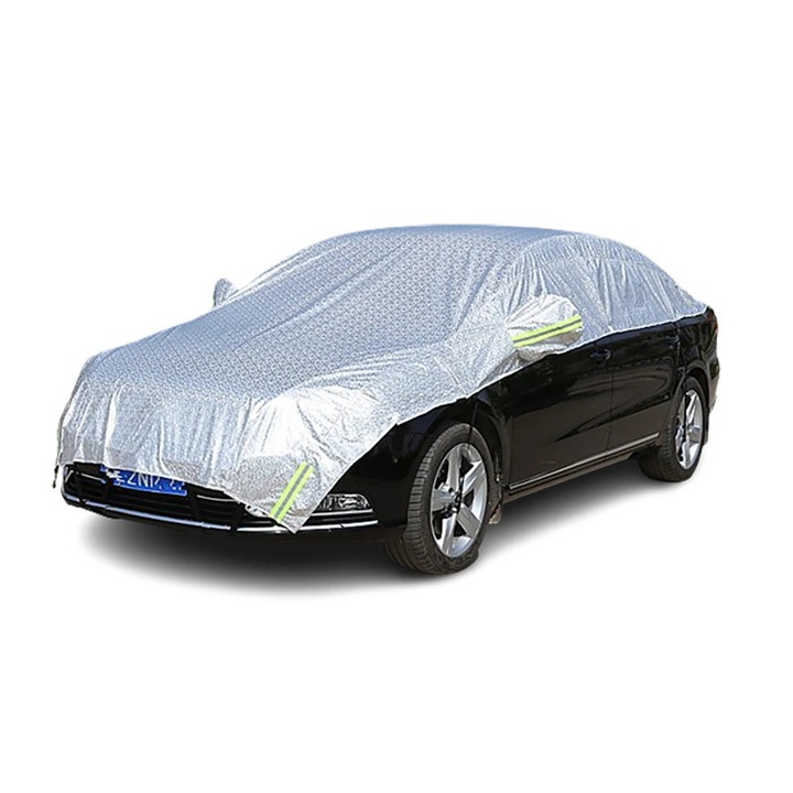 Husa partiala auto KP-GM-K0433-26-9-06-0362, protectie UV si impermeabila, aluminiu exterior, strat PEVA, poliester dens, cusaturi intarite si chingi de prindere, argintiu, 5 x 1,9 m