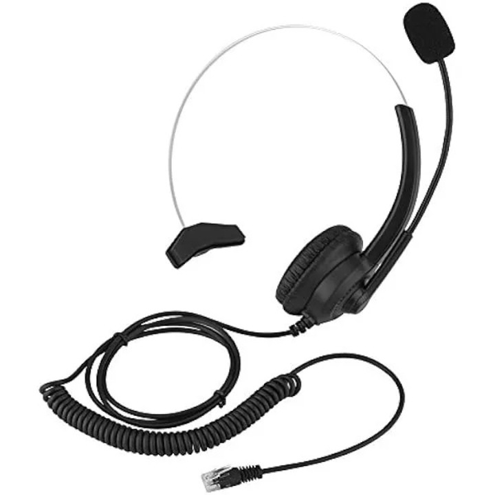 H300 Микрофон Слушалки с Шумопотискане Кабелни Слушалки за Колцентър с 4 Конектора за Мобилни Телефони Стационарни Телефони PC Игри Удобно Носене (За Стационарен Телефон)