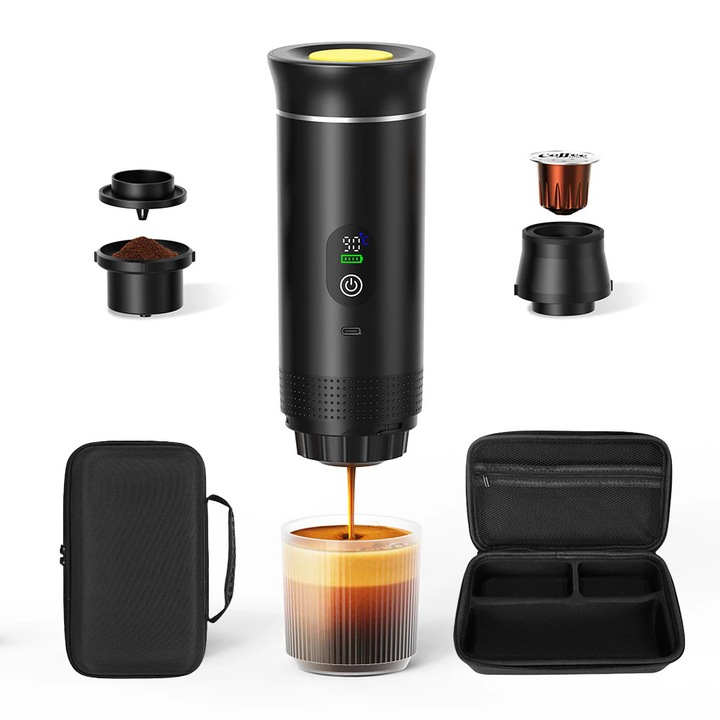 Espressor portabil KP-GM-K0433-26-9-06-0739, afisaj digital, alimentare USB-C, compatibil capsule/ cafea macinata/ ciocolata calda, mod incalzire apa, negru, cu husa de transport inclusa