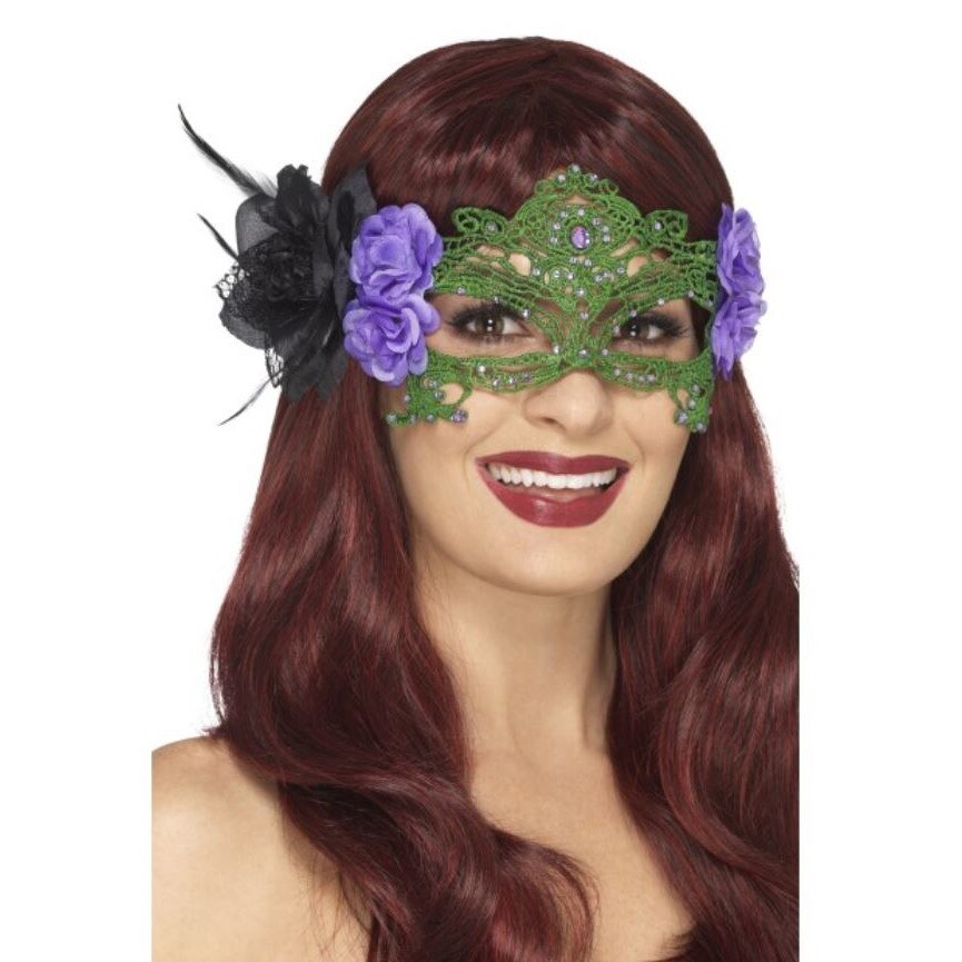 Masca brodata verde cu strasuri si trandafiri