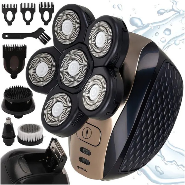 Trimmer electric pentru par si barba FU-K0518-260905-730, 6 capete interschimbabile, incarcare USB, IPX6, 90 min autonomie, 600 mAh, negru/auriu