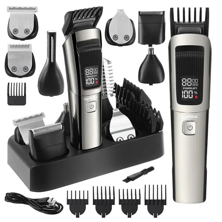 Aparat de tuns si conturat 8 in 1 FU-K0518-260905-729, cordless, afisaj digital, autonomie 90 min, incarcare USB-C, IPX6, lame auto-ascutite, argintiu/negru
