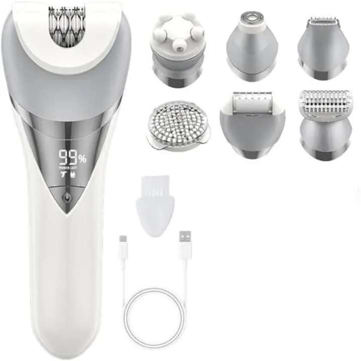 Epilator electric 6-in-1 FU-K0518-260905-1029, capete interschimbabile (epilator, aparat de ras, tuns bikini, trimmer facial, masaj facial, exfoliator), rezistent la apa IPX7, incarcare USB, LED, 2 viteze, autonomie 200 min, alb/argintiu