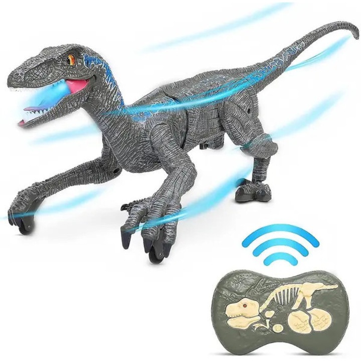 Jucarie dinozaur radiocomandat FU-K0518-260905-2244, mers realist, LED ochi, sunet de raget, acumulator reincarcabil, telecomanda inclus, ABS, gri/albastru