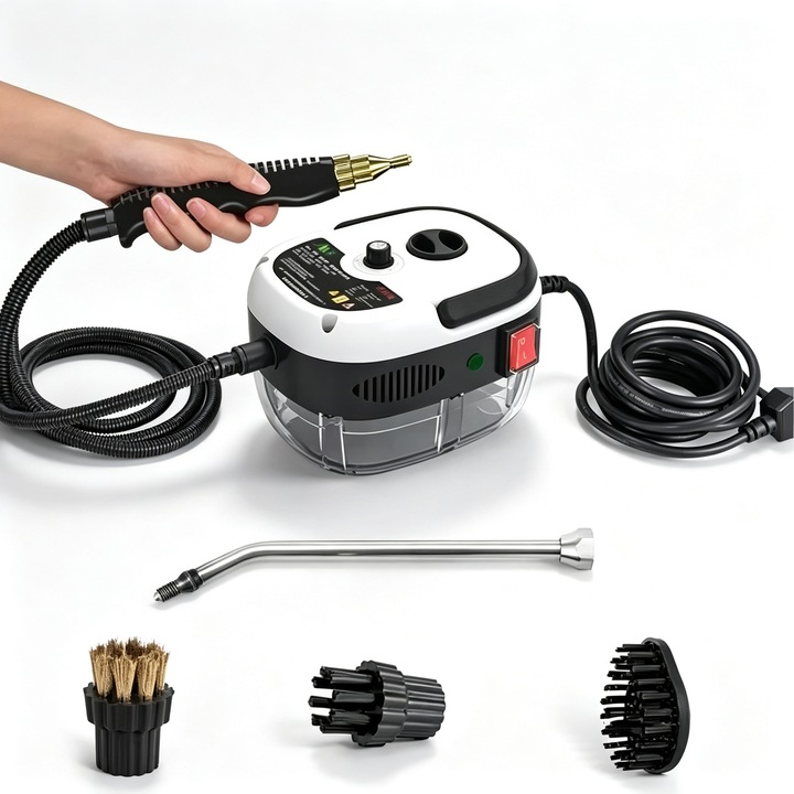 Aparat de curatare cu aburi si inalta presiune KP-GM-K0433-26-9-06-0749, multifunctional pentru aer conditionat/aragaz/hota/bai, 5 trepte reglare, accesorii perii si lance, alb