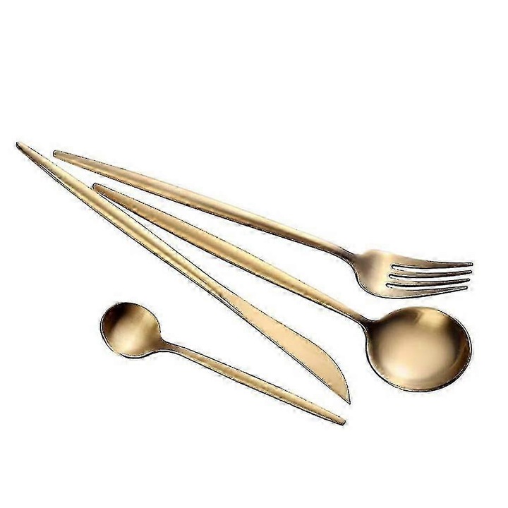 Set tacamuri 4 piese din otel inoxidabil 304, finisaj auriu, include furculita 224 mm, cutit 222 mm, lingura 218 mm, lingurita 128 mm, model FG-K0509-260827-6612