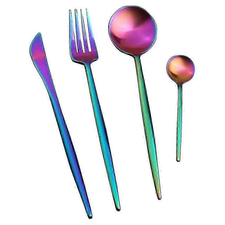Set tacamuri 4 piese, otel inoxidabil 304, finisaj irizat multicolor, include cutit, furculita, lingura, lingurita