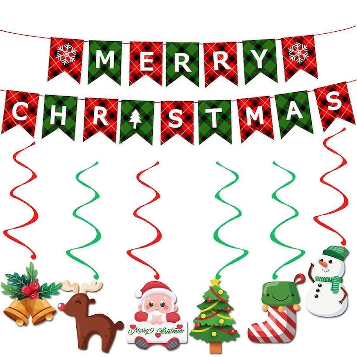 Ghirlanda banner Merry Christmas, dekorációs szett 16 zászló + 6 függő dísz és 6 spirál (3 piros/3 zöld), piros/zöld