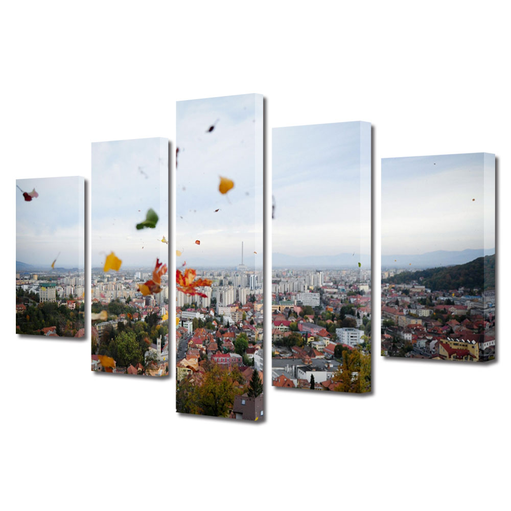 Set Tablouri Multicanvas BTex 5 Piese ArtDecoMag Modern Urban Orase Deasupra Brasovului, 100 x 175 cm