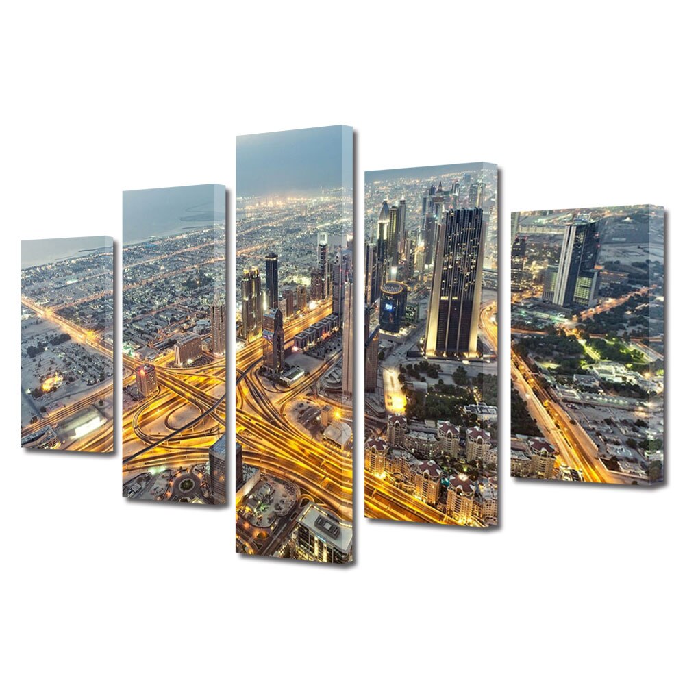 Set Tablouri Multicanvas BTex 5 Piese ArtDecoMag Modern Urban Orase Vedere de sus in Dubai, 70 x 125 cm