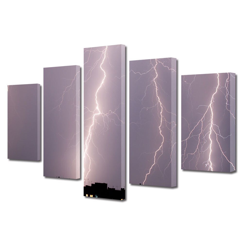Set Tablouri Multicanvas BTex 5 Piese ArtDecoMag Modern Urban Orase Fulgere deasupra orasului, 100 x 175 cm