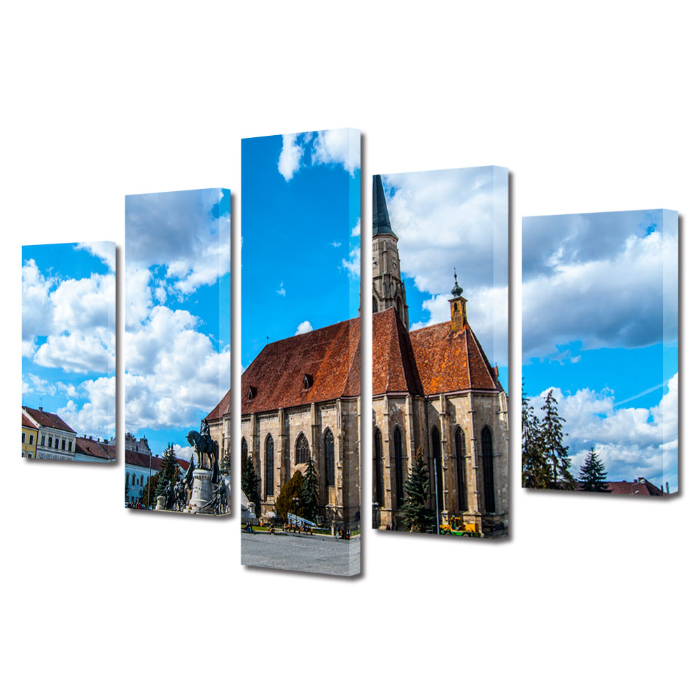 Set Tablouri Multicanvas BTex 5 Piese ArtDecoMag Modern Urban Orase Catedrala in Cluj, 70 x 125 cm