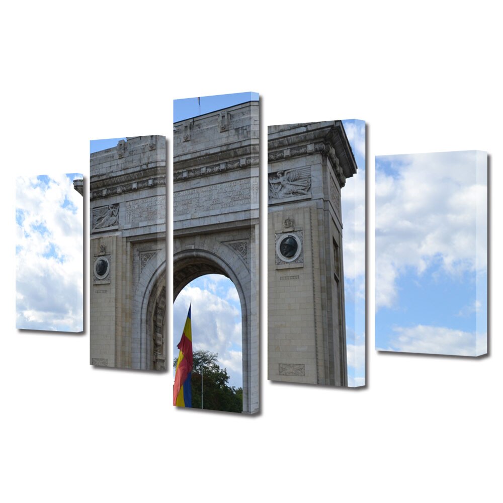 Set Tablouri Multicanvas BTex 5 Piese ArtDecoMag Modern Urban Orase Arcul de Triumf Bucuresti, 70 x 125 cm