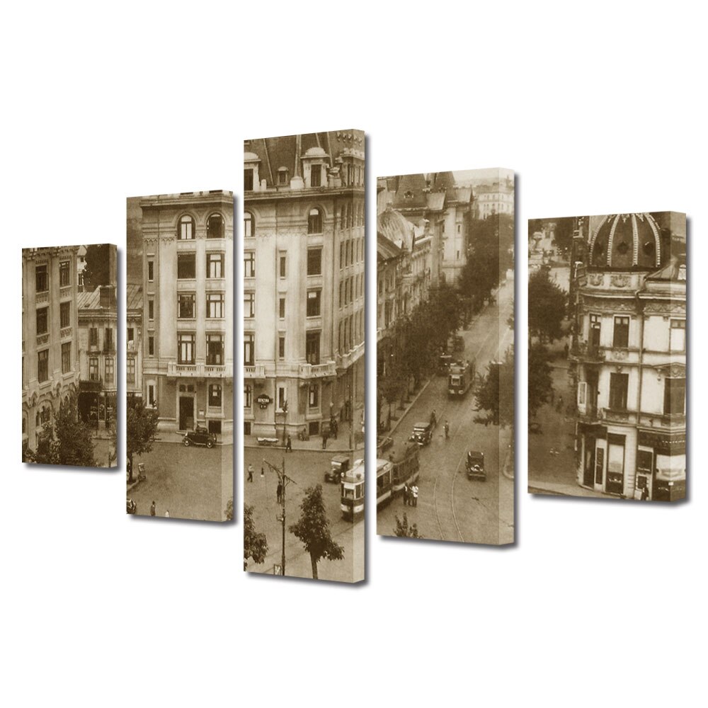 Set Tablouri Multicanvas BTex 5 Piese ArtDecoMag Modern Urban Orase Piata Rosetti in Bucuresti interbelic, 110 x 200 cm