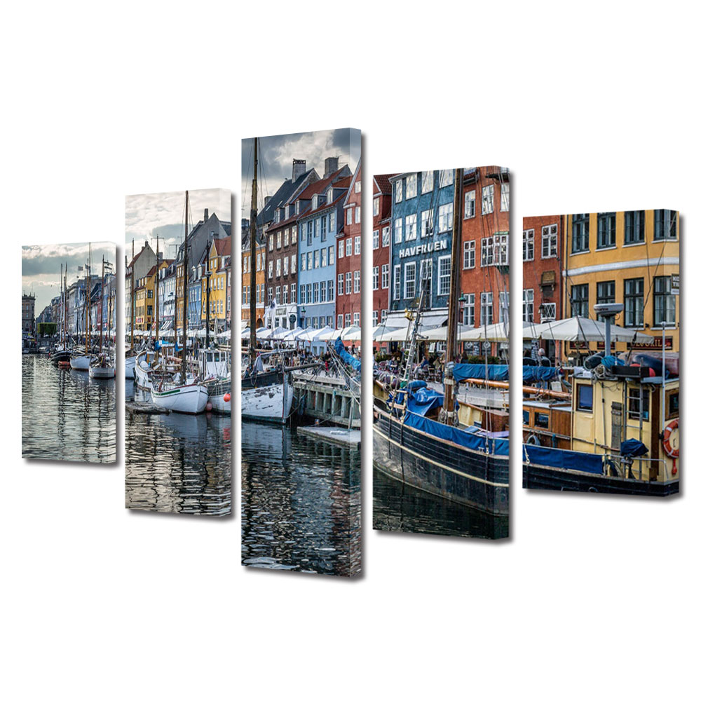 Tablou Multicanvas BTex 5 Piese ArtDecoMag Modern Urban Orase Copenhaga Danemarca, 120 x 225 cm