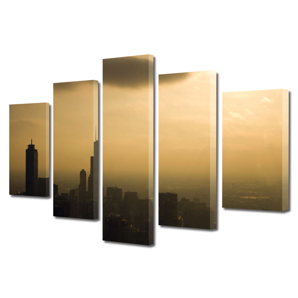 Set Tablouri Multicanvas BTex 5 Piese ArtDecoMag Modern Urban Orase Chicago la apus, 110 x 200 cm