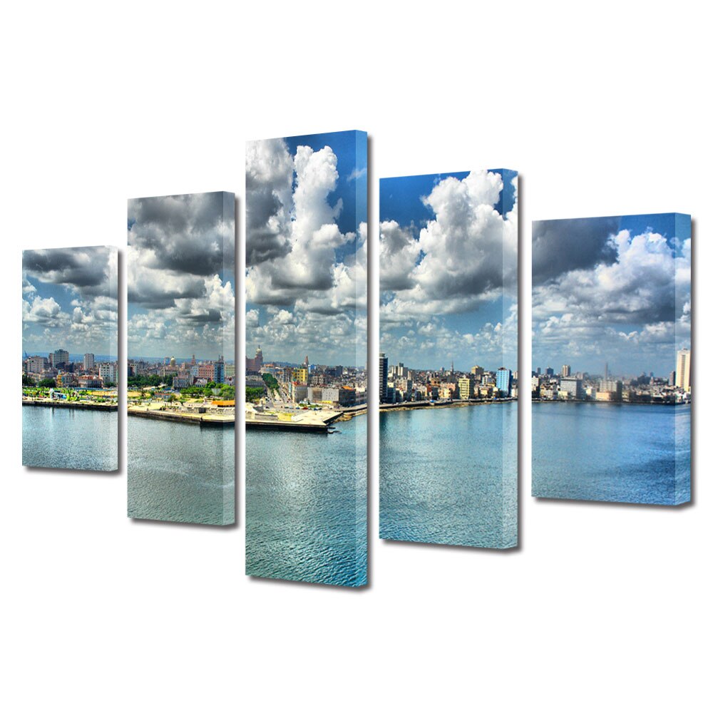 Set Tablouri Multicanvas BTex 5 Piese ArtDecoMag Modern Urban Orase Panorama peste apa, 70 x 125 cm