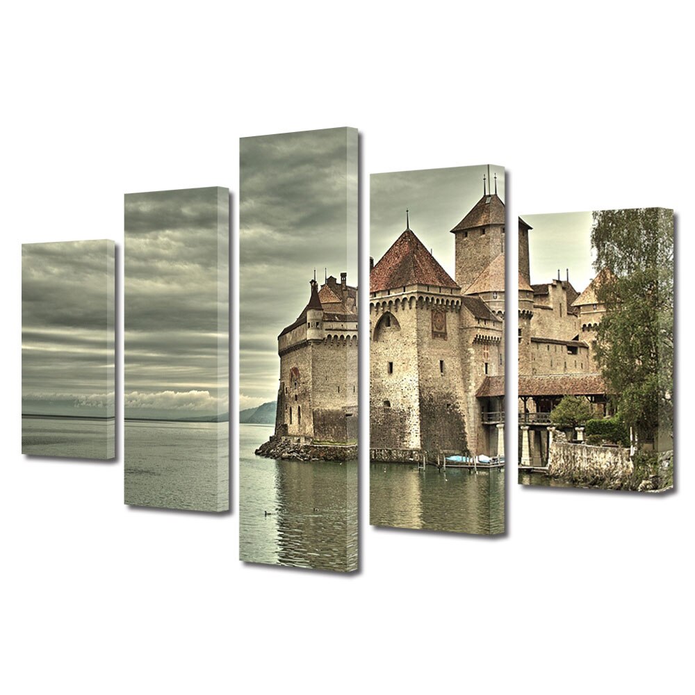 Set Tablouri Multicanvas BTex 5 Piese ArtDecoMag Modern Urban Orase Castel in Elvetia, 100 x 175 cm