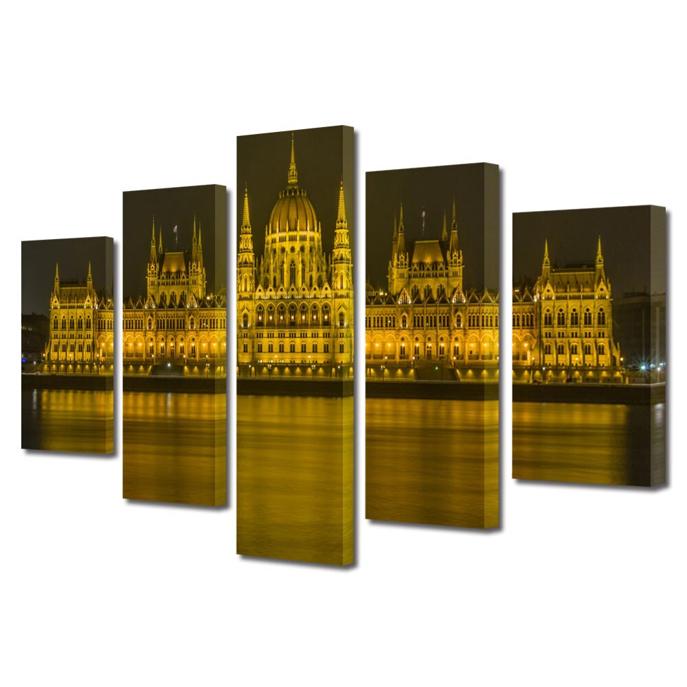 Set Tablouri Multicanvas BTex 5 Piese ArtDecoMag Modern Urban Orase Parlamentul peste Dunare in Budapesta, 100 x 175 cm