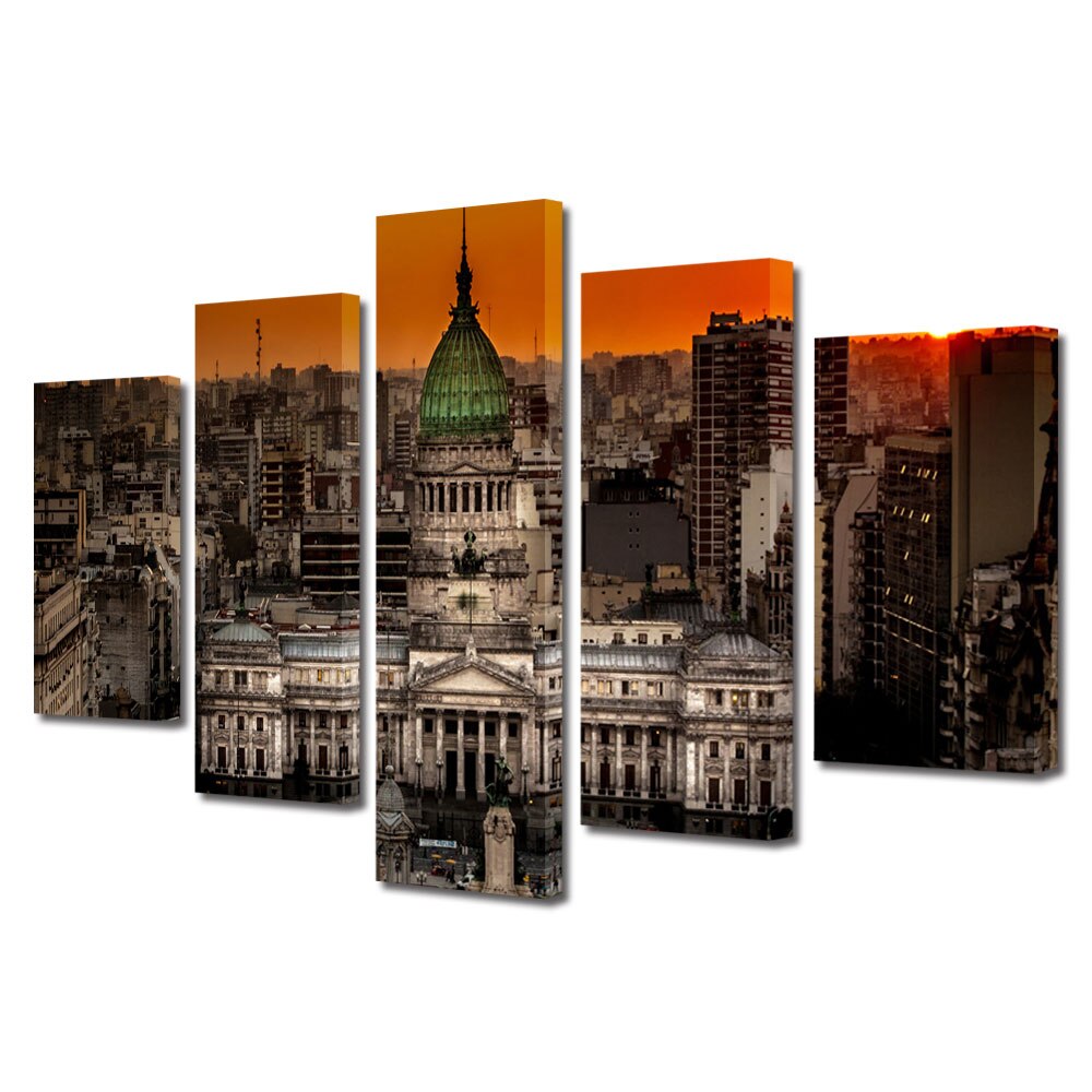 Set Tablouri Multicanvas BTex 5 Piese ArtDecoMag Modern Urban Orase Palatul Congresului in Buenos Aires Argentina, 70 x 125 cm