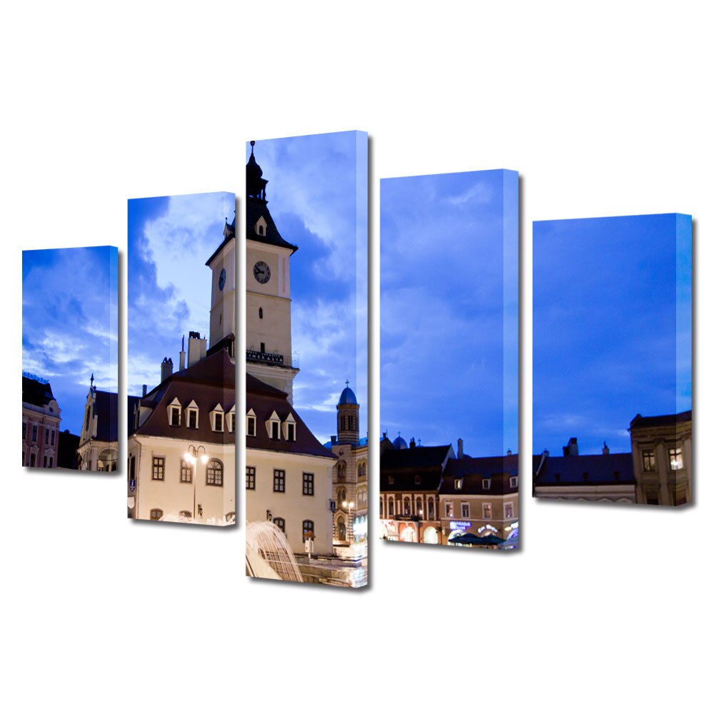 Set Tablouri Multicanvas BTex 5 Piese ArtDecoMag Modern Urban Orase Piata Sfatului Brasov, 80 x 150 cm