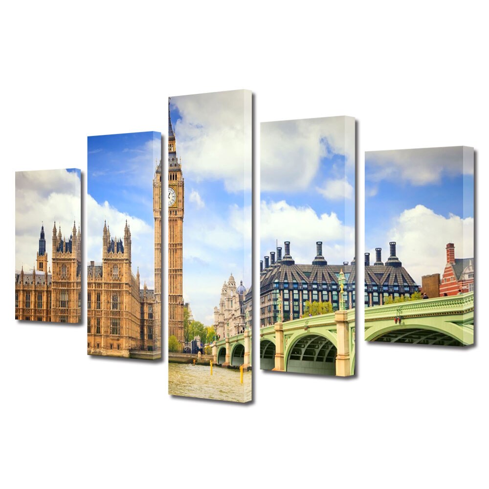Set Tablouri Multicanvas BTex 5 Piese ArtDecoMag Modern Urban Orase Big Ben Londra, 70 x 125 cm